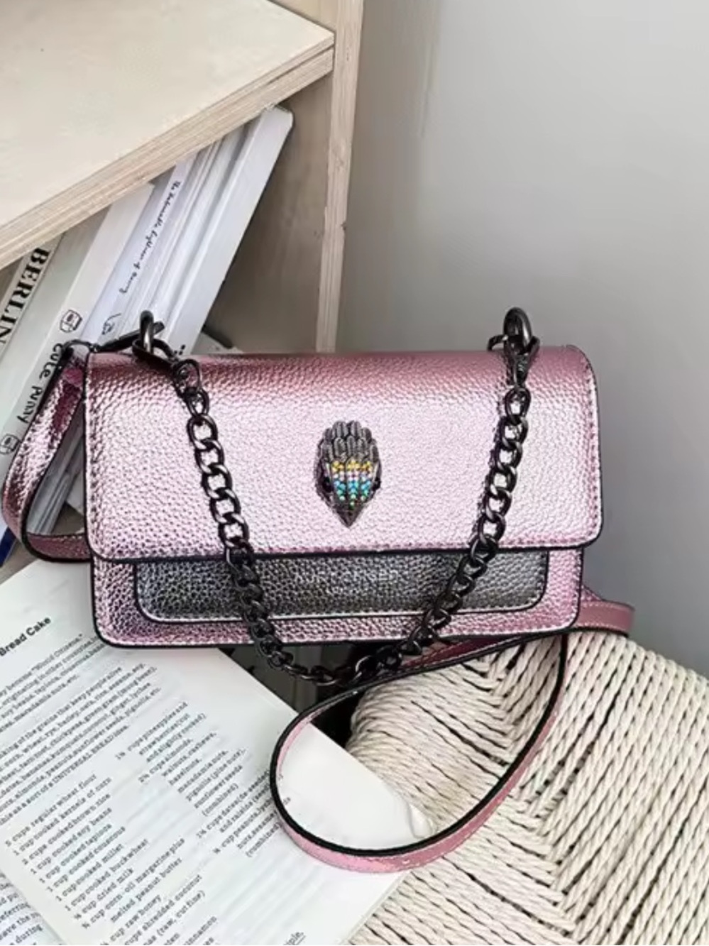 Kurt Geiger Metallic Pink and Gunmetal Chain Crossbody Bag